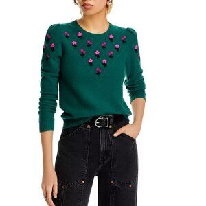 AQUA Cashmere Puff Sleeve Embroidered Floral Cashmere Sweater-Rainforest-size S